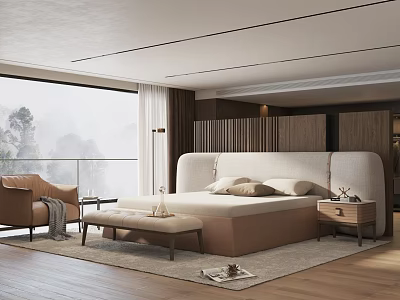 Modern Bedroom Interior With Double Bed Nightstand Bench Wooden Floor And Window 3d model