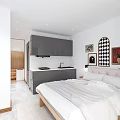Modern Hotel Guest Room With White Bedding Beige Sofa Green Curtains And Decorative Paintings