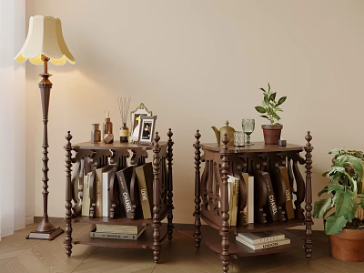 Carved Wooden Side Tables With Books Decor Small Plant Floor Lamp And Potted Plant 3d model