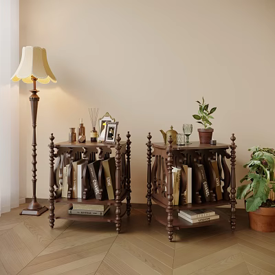 Carved Wooden Side Tables With Books Decor Small Plant Floor Lamp And Potted Plant 3d model