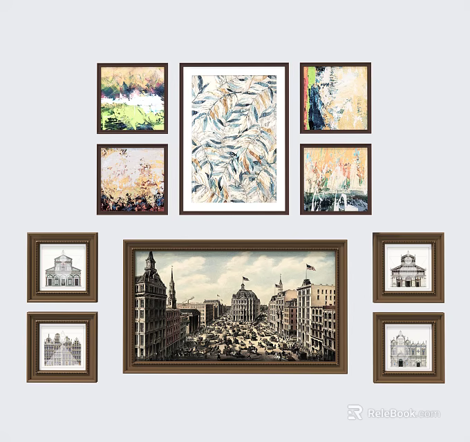 Modern Decorative Wall Art With Central Leaf Pattern And Surrounding Small Framed Prints 3d model 