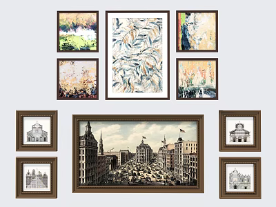 Modern Decorative Wall Art With Central Leaf Pattern And Surrounding Small Framed Prints 3d model