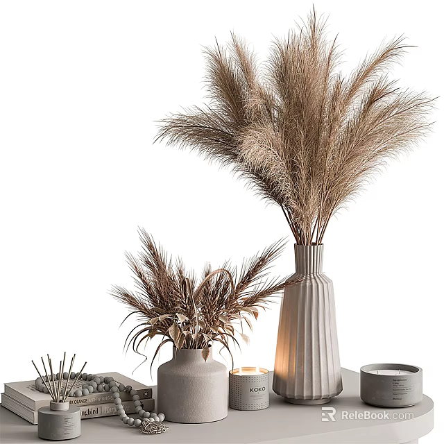Natural Style Decorative Ornament Set With Pampas Grass Textured Vases Candle Tray And Small Bowl 3d model 