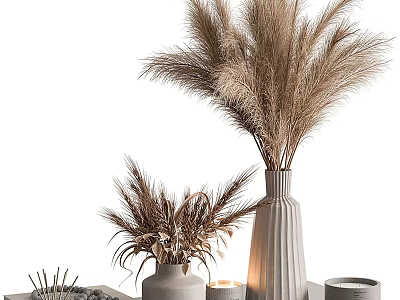 Natural Style Decorative Ornament Set With Pampas Grass Textured Vases Candle Tray And Small Bowl 3d model