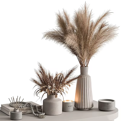 Natural Style Decorative Ornament Set With Pampas Grass Textured Vases Candle Tray And Small Bowl 3d model
