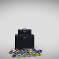 Black Amp Head And Speaker Cabinet Stack With Colorful Guitar Effect Pedals Scattered Around