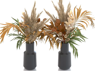 Decorative Indoor Potted Plants With Dried Flowers Green And Brown Leaves In Black Vases 3d model