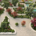 Urban Plaza With Palm Trees Stone Pavement Green Landscaping And Pedestrians