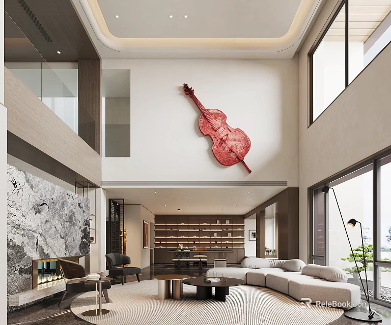 Modern Duplex Living Room Interior With High Ceiling Large Windows And Red Violin Artwork 3d model 