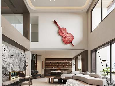 Modern Duplex Living Room Interior With High Ceiling Large Windows And Red Violin Artwork 3d model