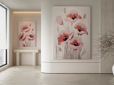 Abstract Painting With Pink Poppy Flowers For Modern Interior Decor On White Wall 3d model