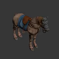 Realistic Brown Horse Equipped with Leather Harness Blue Saddle Pad and Bridle