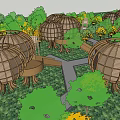 Round Wooden House with Circular Wooden Frame Structure Surrounded by Greenery and Stairs