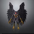 Mythical Winged Beast With Large Dark Feathers Humanoid Body Yellow Claws And Red Face