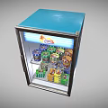 Blue Glass Door Display Refrigerator with Illuminated Top Sign and Inside Canned Boxed Foods