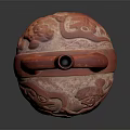 Ancient Red Ceramic Vessel With Loop Handle And Intricate Carved Figures