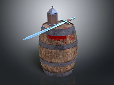 Medieval Sword With Sharp Blade Resting On Wooden Barrel With Bloodstains And Lantern 3d model