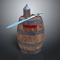 Medieval Sword With Sharp Blade Resting On Wooden Barrel With Bloodstains And Lantern
