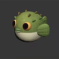 Cartoon Style Green Pufferfish Character With Big Yellow Eyes Spikes White Belly and Green Fins