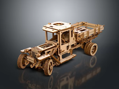 Handcrafted Wooden Mechanical Truck Model with Open Structure and Visible Gears 3d model