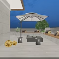 Modern Outdoor Terrace Lounge Area With Umbrella Sofa Coffee Table Plants And Lighting