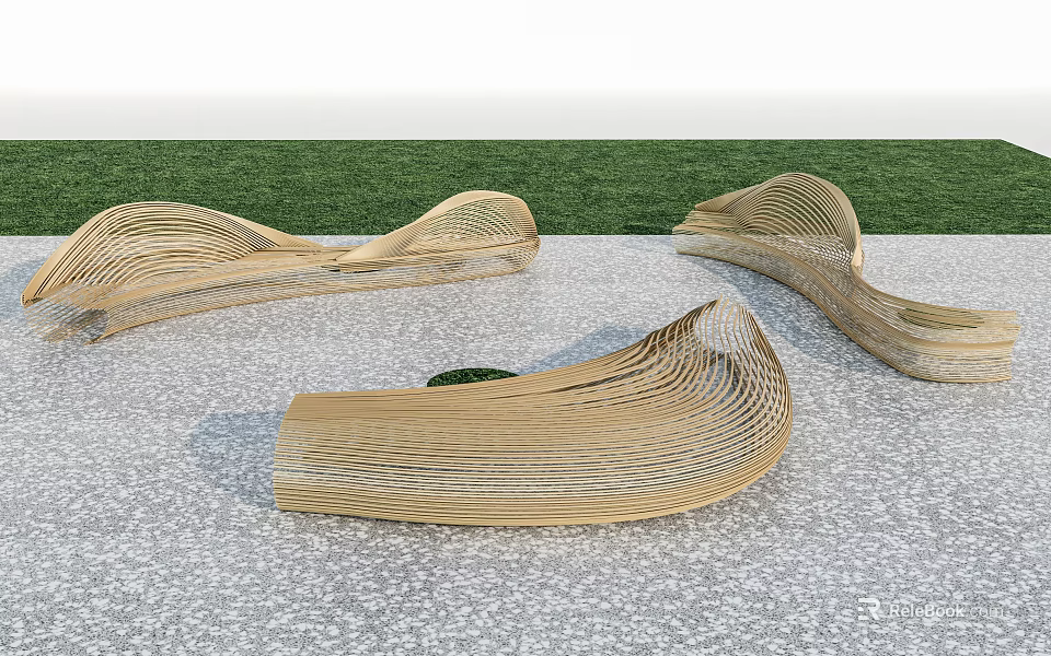 Modern Curved Landscape Seats With Woven Design For Outdoor Park Settings 3d model 