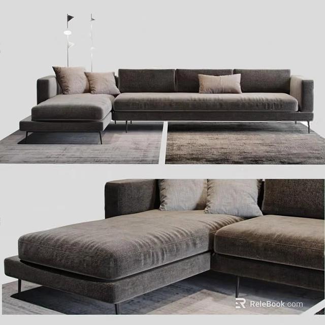 Modern Gray Sectional Sofa with Velvet Decorative Pillows Chaise Lounge on Soft Rug Metal Legs 3d model 