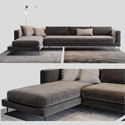 Modern Gray Sectional Sofa with Velvet Decorative Pillows Chaise Lounge on Soft Rug Metal Legs 3d model