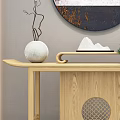 Wooden Console Table With Circular Mirror White Vase Mountain Ornament And Potted Pine