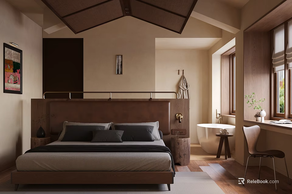 Japanese Wooden Hotel Guest Room Interior With Sloped Ceiling Bed Desk And Natural Light 3d model 