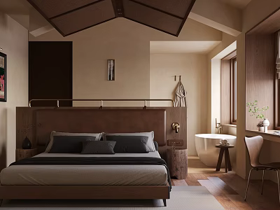 Japanese Wooden Hotel Guest Room Interior With Sloped Ceiling Bed Desk And Natural Light 3d model