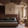 Japanese Wooden Hotel Guest Room Interior With Sloped Ceiling Bed Desk And Natural Light