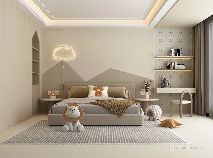 Modern Kids Room Interior Design With Cloud Shaped Lamp Stuffed Animal Toys Bookshelves And Rug 3d model 