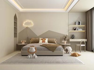 Modern Kids Room Interior Design With Cloud Shaped Lamp Stuffed Animal Toys Bookshelves And Rug 3d model