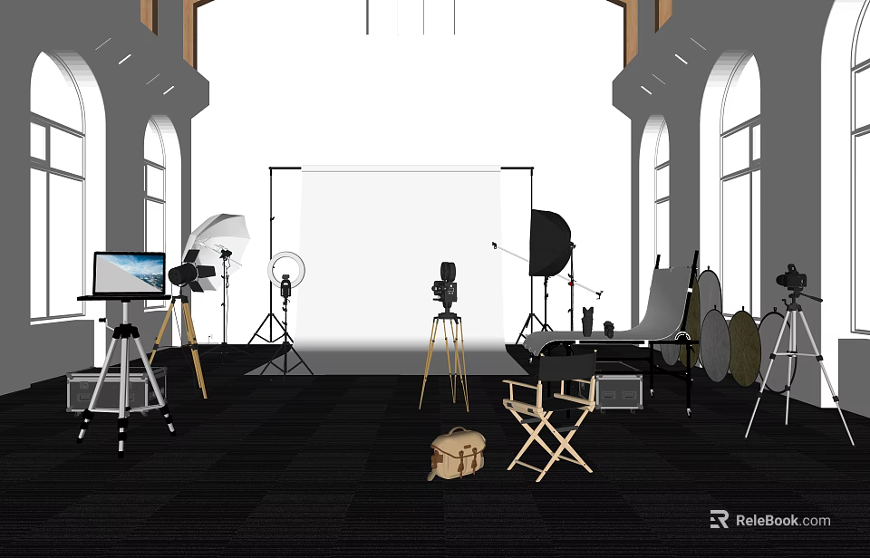 Professional Photography Studio Setup With Lighting Equipment Camera Tripods Director's Chair And Backdrop 3d model 