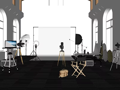 Professional Photography Studio Setup With Lighting Equipment Camera Tripods Director's Chair And Backdrop 3d model