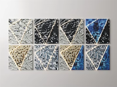 Modern Geometric Wall Decor with Eight Panels Black White Blue Gold Marble Like Texture 3d model