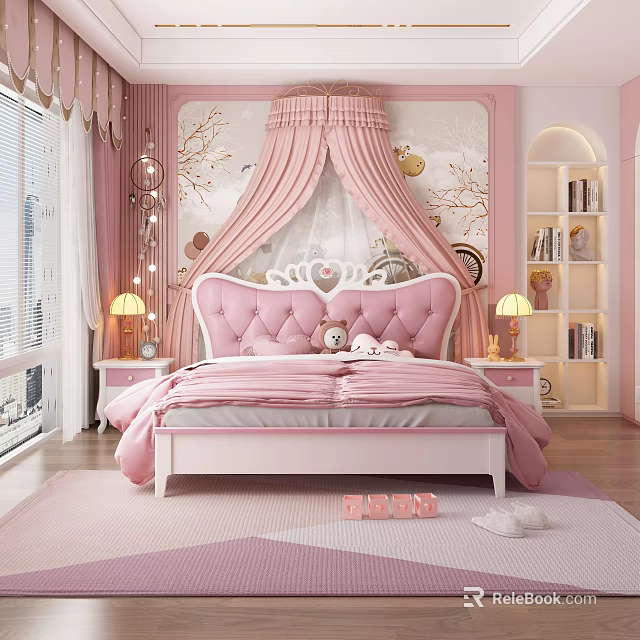 Pink Dreamy Kids Bedroom Interior With Canopy Bed And Bookcase 3d model 