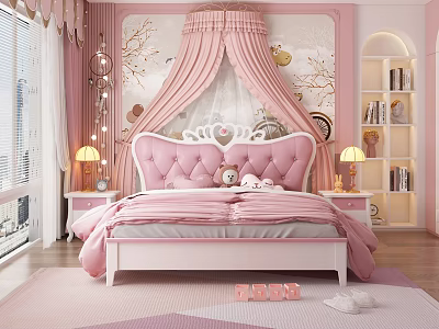 Pink Dreamy Kids Bedroom Interior With Canopy Bed And Bookcase 3d model