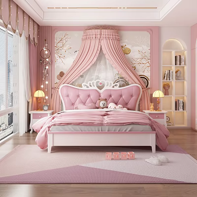 Pink Dreamy Kids Bedroom Interior With Canopy Bed And Bookcase 3d model