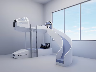 Hotel Guest Room Featuring Bunk Bed With Slide And Large Window For Kids 3d model