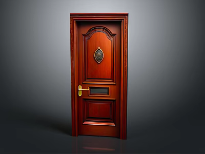 Red Wooden Door With Ornate Circular Medallion And Golden Handle Design 3d model