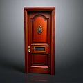 Red Wooden Door With Ornate Circular Medallion And Golden Handle Design