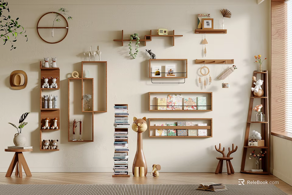 Modern Wall Mounted Cabinets With Decor Books And Plants 3d model 