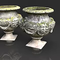 Garden Landscape Decorative Stone Urns With Carved Faces And Mossy Surface