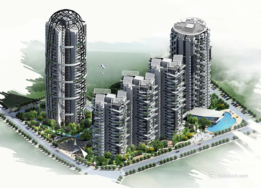 Modern High Rise Residential Complex With Greenery And Swimming Pool 3d model 