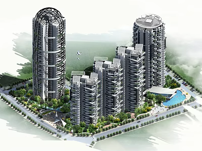 Modern High Rise Residential Complex With Greenery And Swimming Pool 3d model