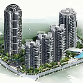 Modern High Rise Residential Complex With Greenery And Swimming Pool