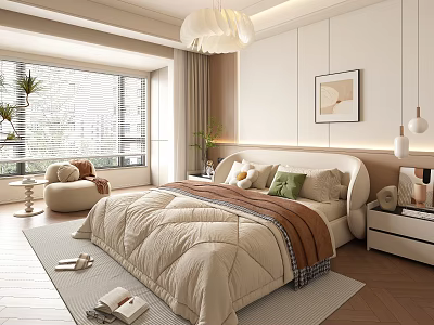 Modern Bedroom Interior with Cozy Bed Pillows Rug Wall Art and Window Blinds 3d model