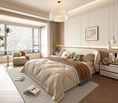 Modern Bedroom Interior with Cozy Bed Pillows Rug Wall Art and Window Blinds 3d model
